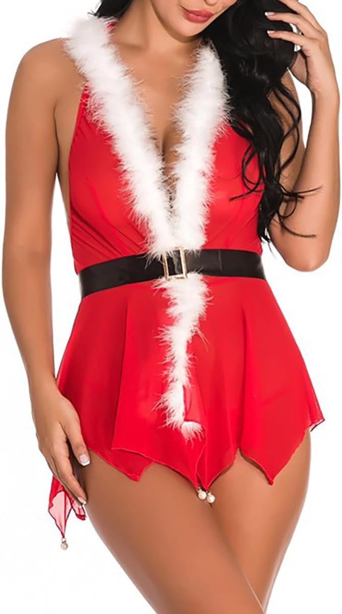 Sexy Kerstmis Kerstman Rood Sexy Transparant Tule Santa Kostuum met Riem Kerstmis Lingerie Set Dames Lingerie Jumpsuits Hoodie + G-String Lingerie Set Rood