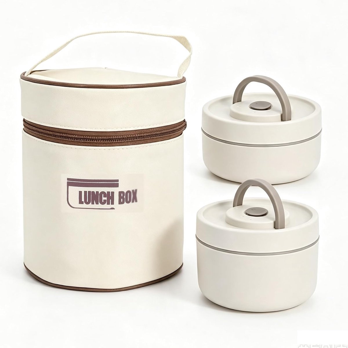 Lunchbox, geïsoleerde voedselcontainer van roestvrij staal, ronde snackcontainer met thermotas voor volwassenen (beige box 2)