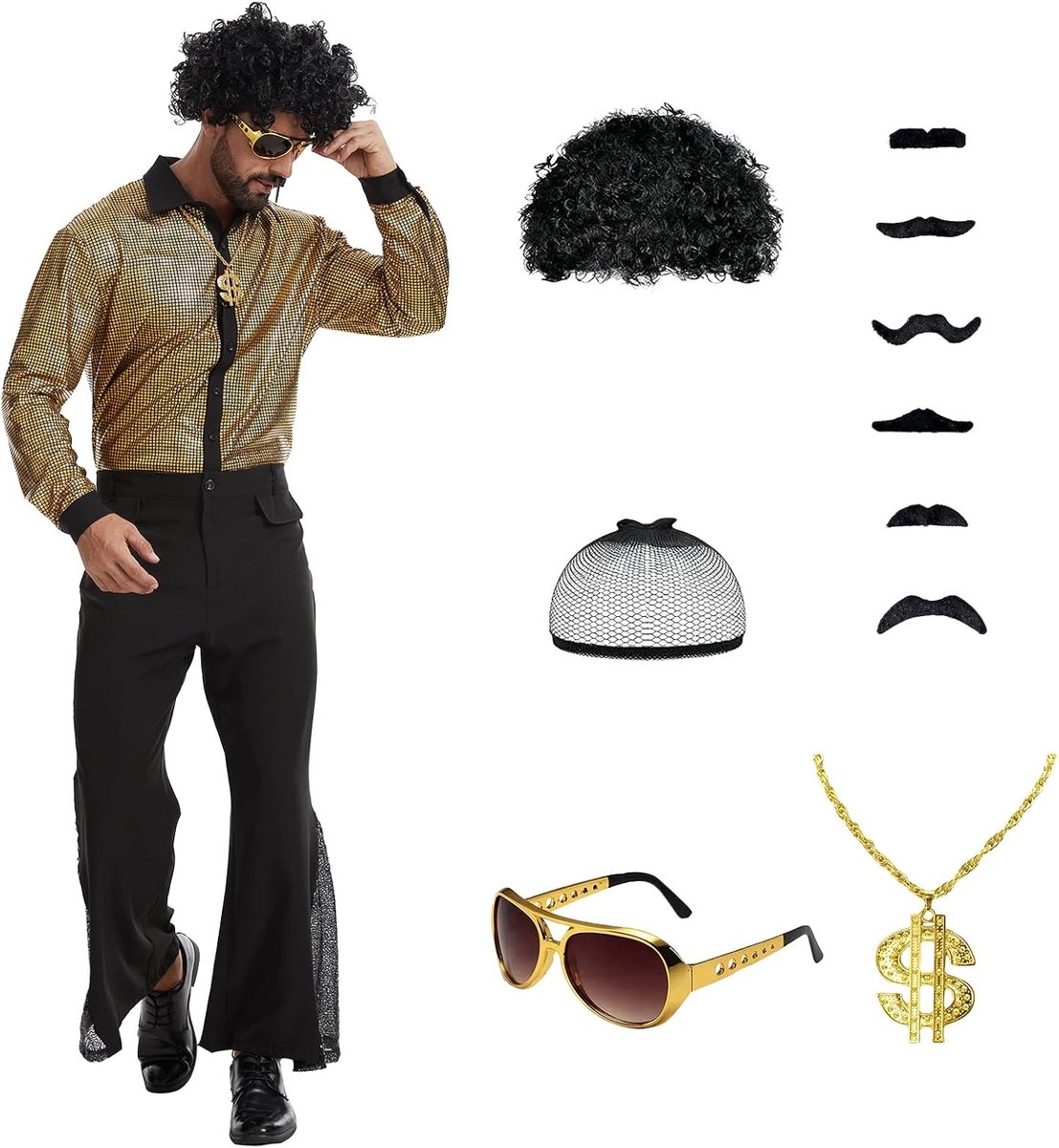 Jaren 70-outfit voor heren, discokostuum met glitterhemd en broek voor carnaval, Halloween en themafeesten