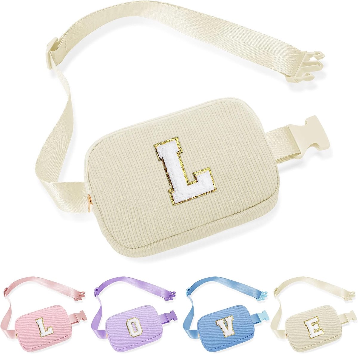 Buiktas voor dames en meisjes, met letters, corduroy, kleine heuptas, gepersonaliseerd cadeau, voor meisjes en vrouwen, buiktas met letters, beige, Large