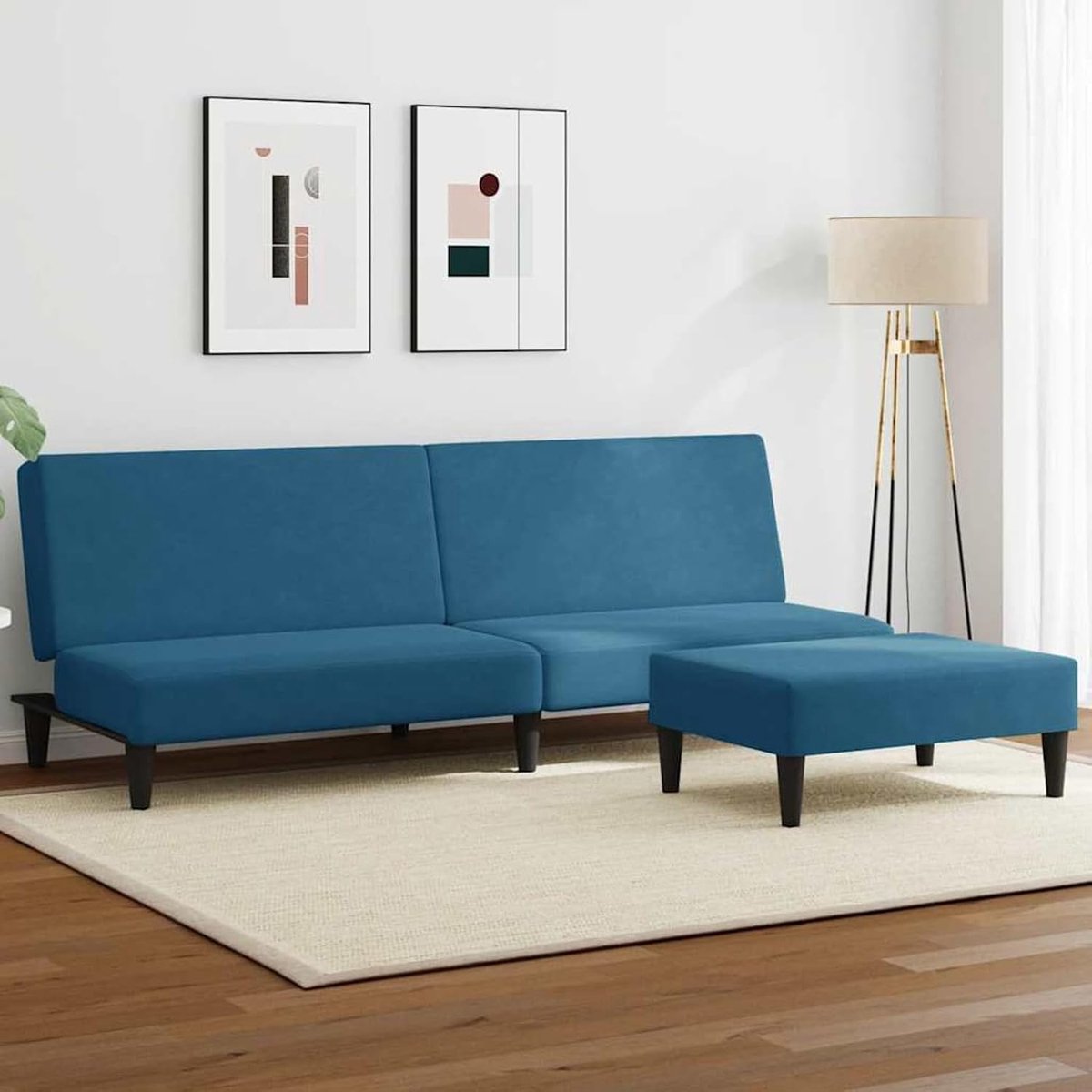 Slaapbank 2-zits met voetenbank blauw fluweel, slaapbank dagbed slaapbank voor woonkamer, logeerkamer, kleine woningen