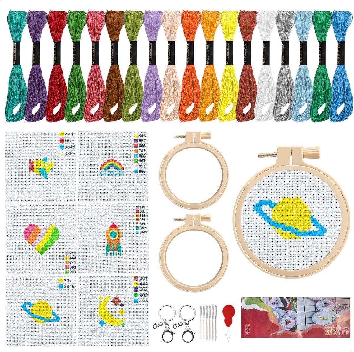 Borduurset voor beginners, kruissteek met 2 borduurcirkel, 6 verschillende modellen, 2 sleutelhangers met borduurdraden en gereedschap, borduurset voor volwassenen en kinderen