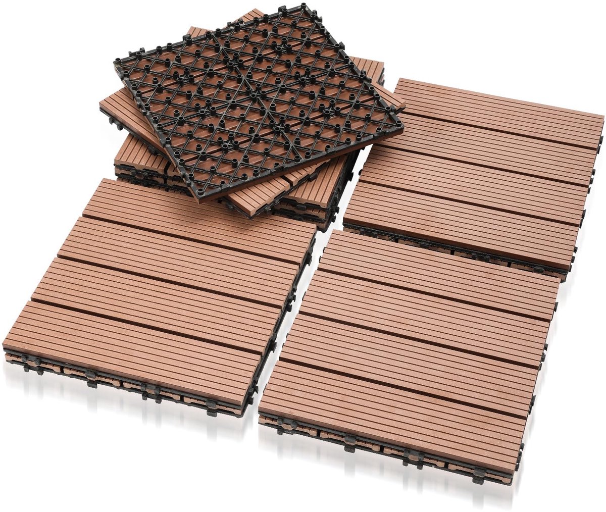 30 x 30 x 2 cm, WPC kunststof, 44-delige voordeelset voor 4 m², houten tegels voor terras, kliksysteem, balkon, tuin, met drainage, bruin