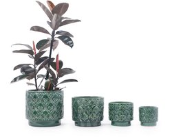 Middelgrote keramiek plantenpot Ø31,5 cm - Ademend - Vorstbestendig - Met afvoergat - Glanzend diepgroen - Rond hartmotief in reliëf