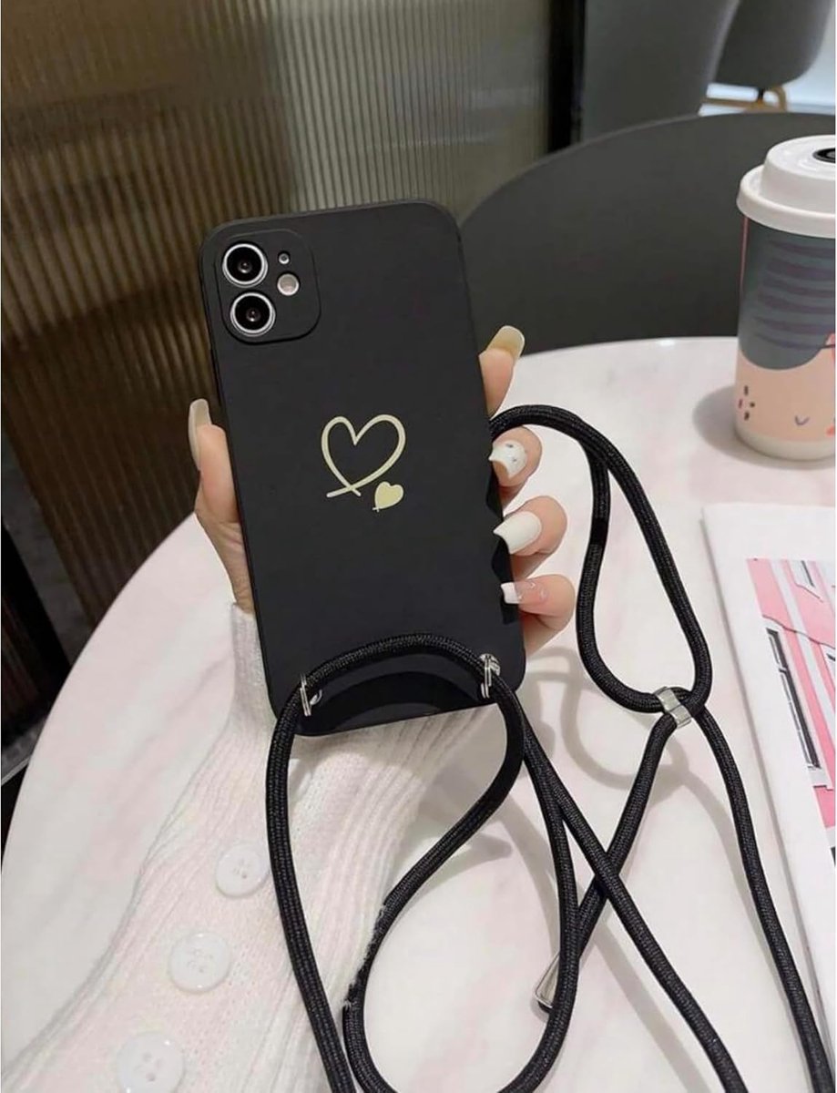 Case iPhone 14 Pro Max Siliconen Hart Lanyard Schouderband Zwart Goud Nekband Koord Case Beschermhoes Trend Mode Vrouwelijke Accessoire Mode Ontwerp 2023
