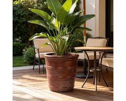 Handgemaakte keramische plantenpot (Ø 32 cm) - Luchtdoorlatend - Vorstbestendig - Met afvoergaten - Glanzend roodbruin met horizontale groefstructuur - Geschikt voor middelgrote kamer- en balkonplanten