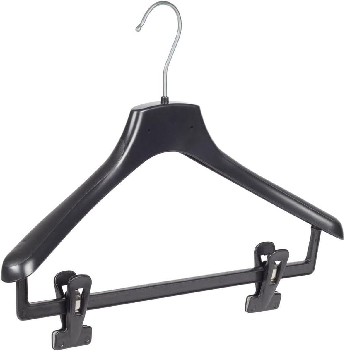 Kleerhanger, Mantelhanger, Kostuumhanger, Jassenhanger, set van 10 Stuks, Kunststof, Zwart, Broeklat met Knijpers, Brede schouders, 360° Draaibare Haak, 38 cm (FR38/BC_00/10)