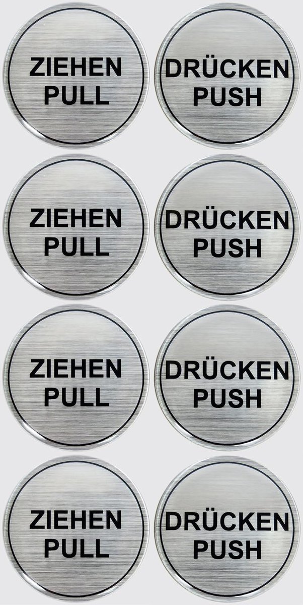 3D set van 4 900020-D4 instructieplaatjes geborsteld aluminium trekker pull/druk push - totaal 8 stickers uitstekende bescherming tegen weersinvloeden, geen foliestickers