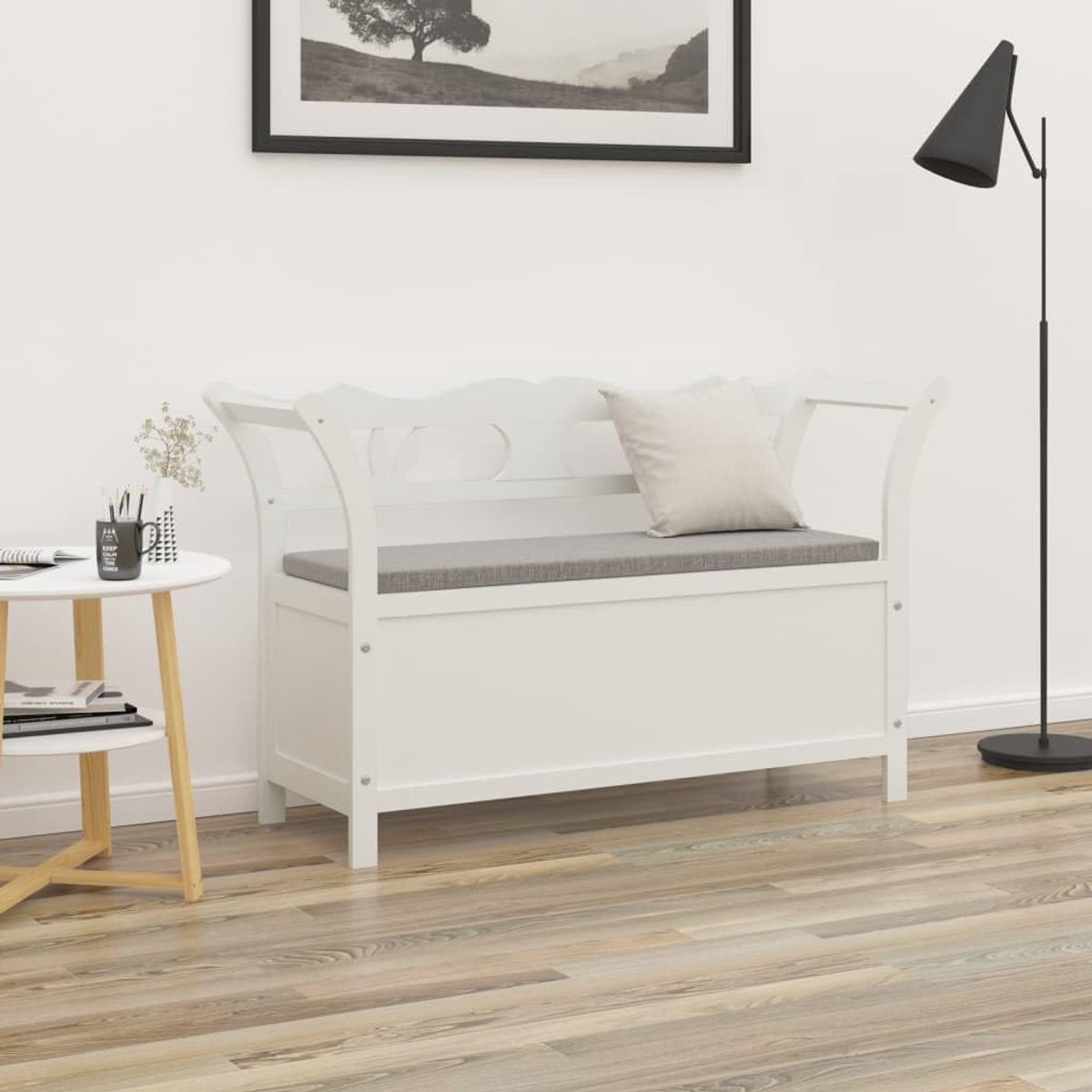 Houten garderobebank met opbergruimte en rugleuning, bank garderobebank van dennenhout, 107 x 45 x 75,5 cm, wit, voor hal en entree