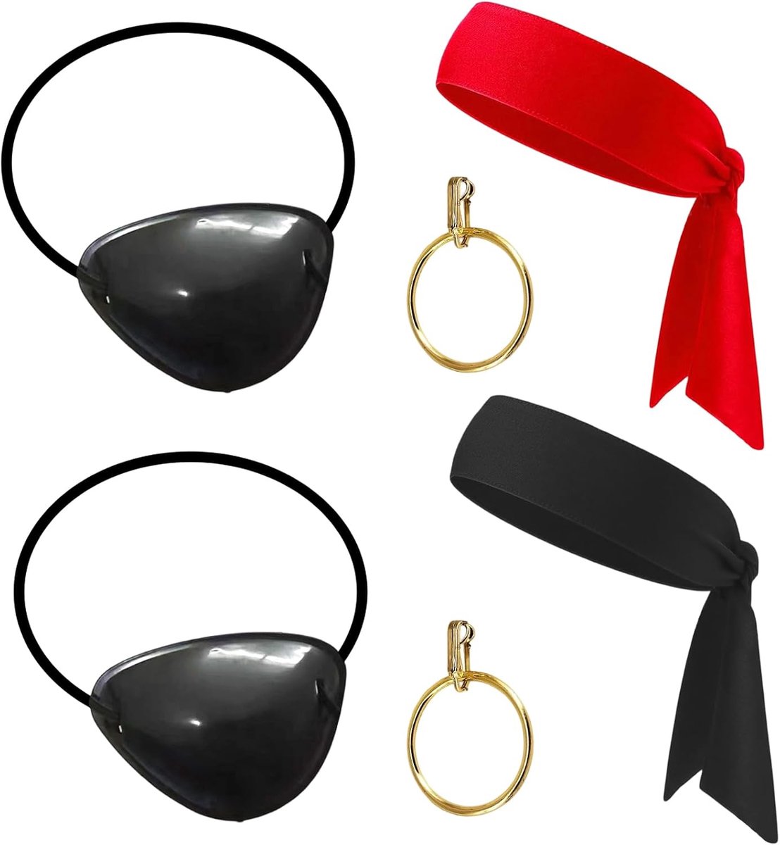 6-delig, accessoires voor piratenkostuum, met bandana's, oogkleppen en oorbellen, voor dames en heren, Halloween, cosplay, carnaval, feestjes, rood en zwart