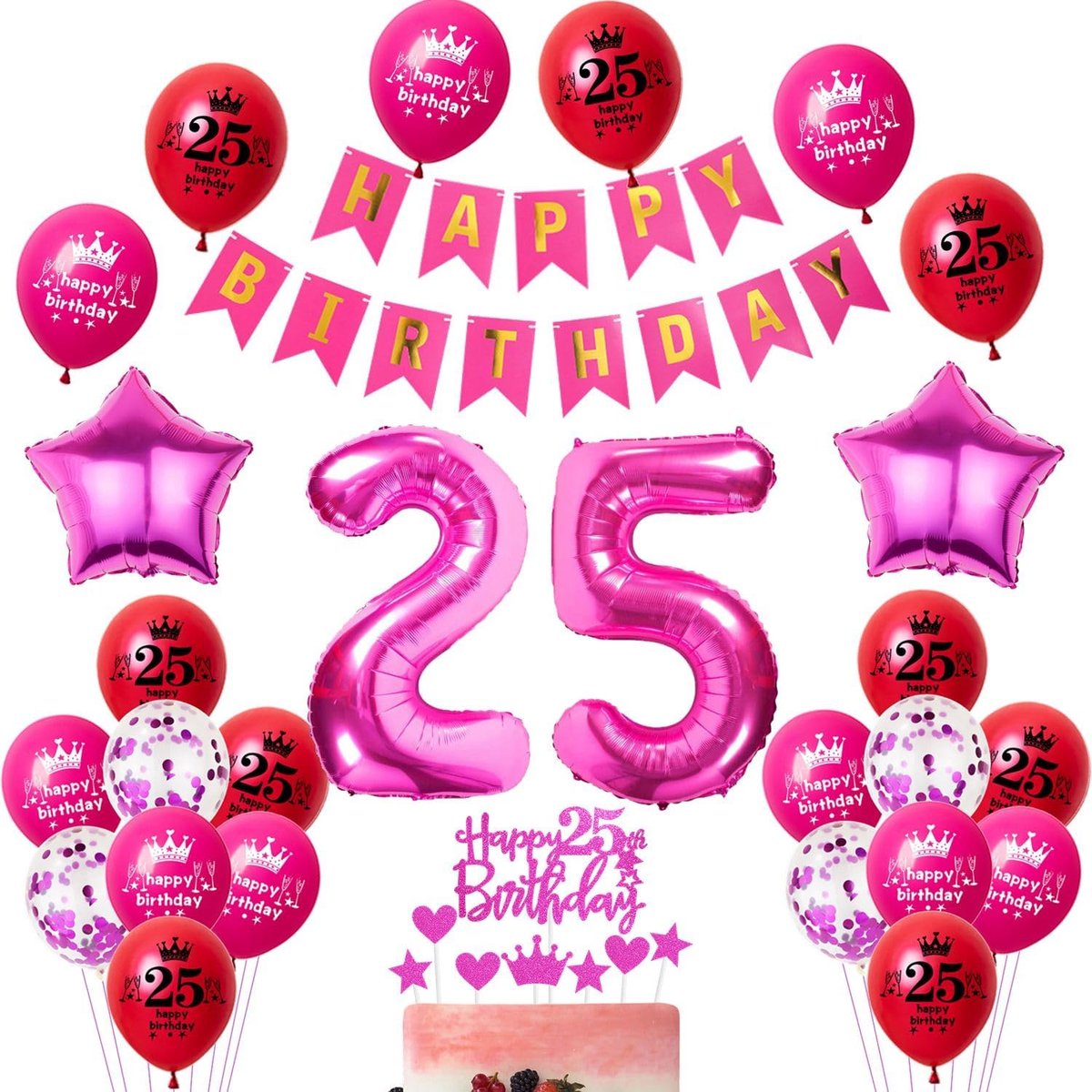 Rode ballonnen 25 jaar vrouw verjaardagsdecoratie 25 enorme folieballon 25, verjaardag 25 jaar vrouw decoraties, slinger banner Happy Birthday, taartdecoratie 25