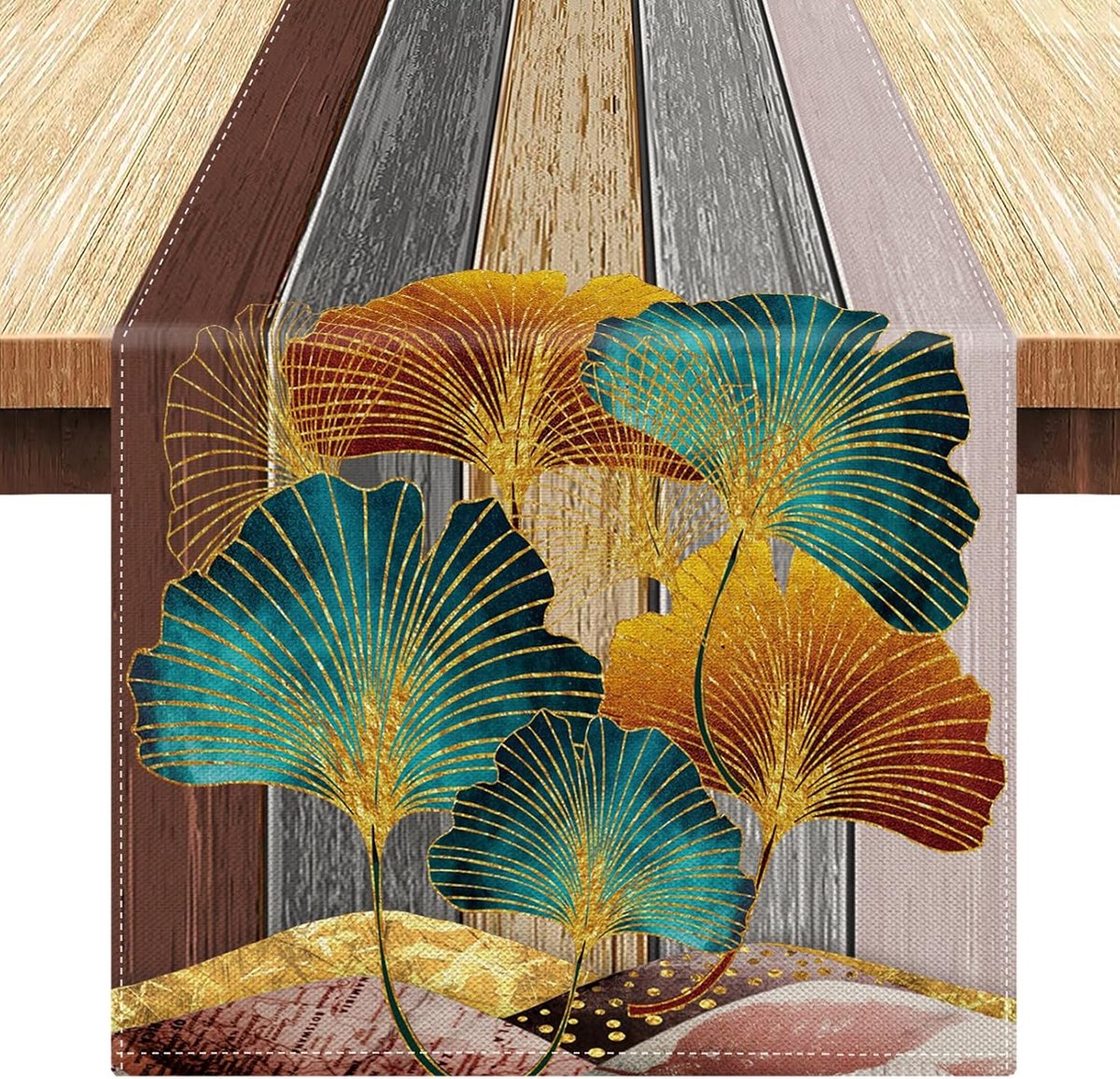 Tafelloper Grijs Modern 33x183cm Table Runner Bruin Houtlook Tafelband Goud Ginkgo Tafelkleed Afwasbaar Loper Tafel Linnen Voor Feest Bruiloft Restaurant Woonkamer Tafel Decoratie