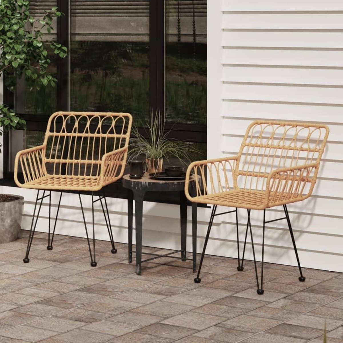 2 STK. Tuinstoelen met armleuningen en PE-rotan zitvlak - relaxstoelen voor tuin en terras met stalen frame en voetkappen