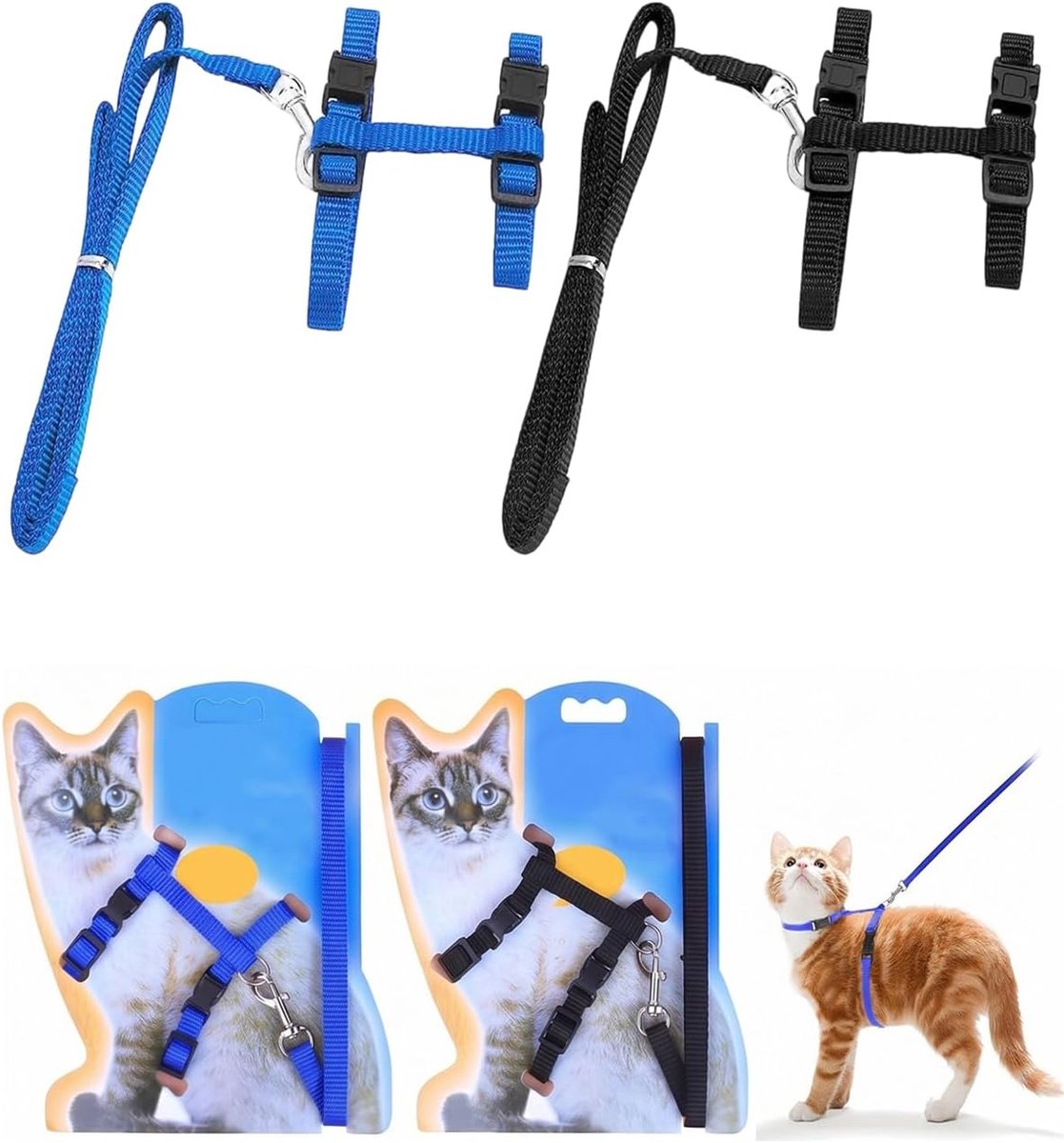 Kattenharnas met riem, 2 stuks, verstelbaar, zacht en ontsnappingsbestendig, nylon, kattenriem voor kittens en kleine katten, comfortabele wandeling