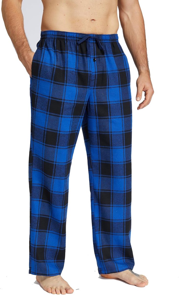 Pyjama voor heren, flanel, katoen, geruite slaap- en loungebroek, pyjamabroek met zakken en knoopgulp