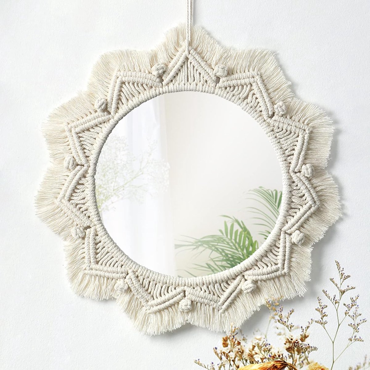 Wandspiegel Boho Spiegel Kunst Decoratie Macramé Fringen Decoratie Ronde Spiegel Kunst Ornament Spiegel Voor Muur Decoratie Thuis Slaapkamer Woonkamer Kamer Bohemian Kamer Decor