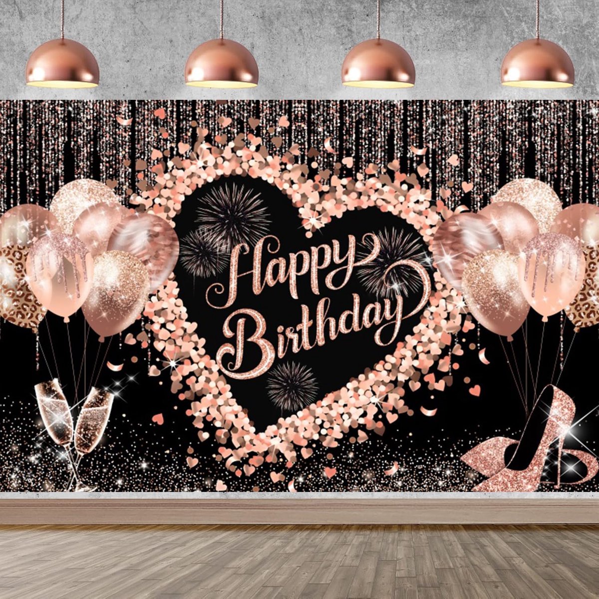 Achtergrond voor verjaardag, roségoud, 2,2 x 1,5 m, glitter, zwart, roségoud, hart, ballon, hoog, fotoachtergrond, voor vrouwen, meisjes, verjaardag, feest, decoratie, vlag, studio, accessoires