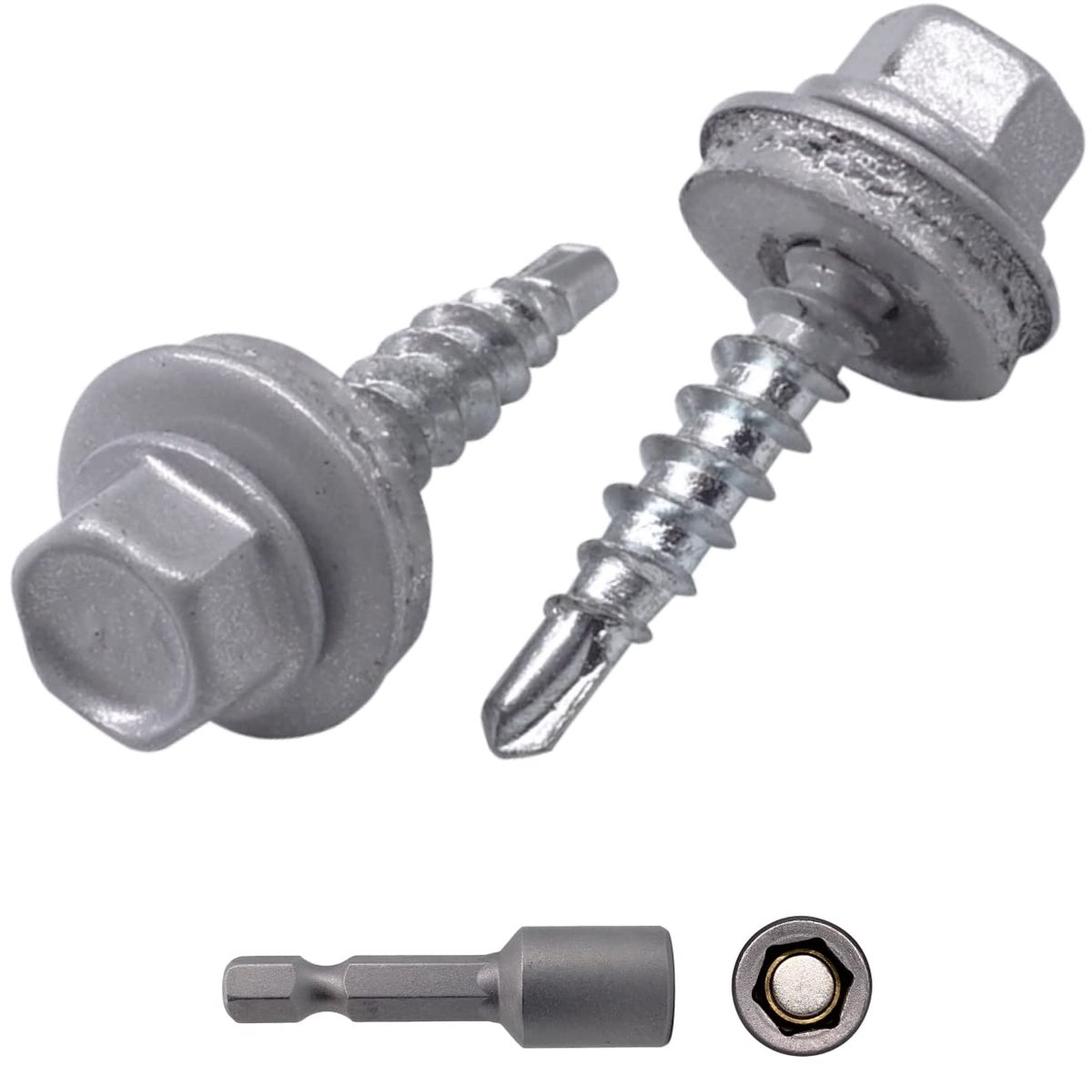 (Pack van 150 stuks) Metalen dakschroeven, 4,8 x 25 mm geschilderde zelfborende schroeven met EPDM-ringen, plaatwerk zeskantschroef (150, wit aluminium RAL 9006)