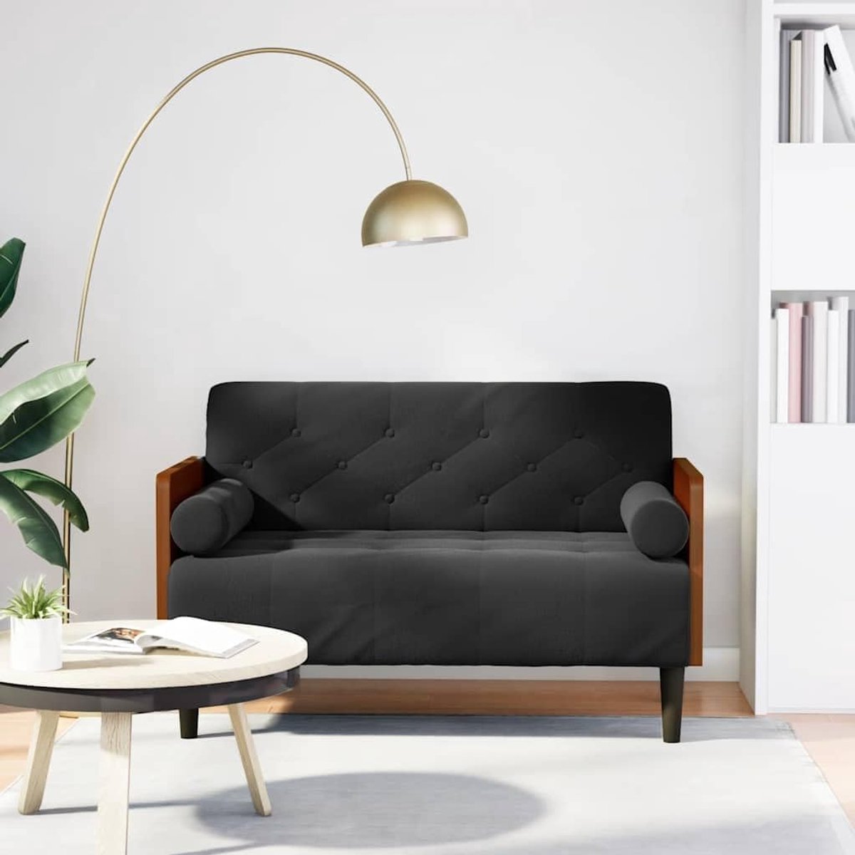 Tweezitsbank met nekrollen, zwart, 110 cm, fluwelen stoffen bekleding, binnenvering, ondersteuning voor woonkamer, comfortabel zitmeubel, duurzaam design