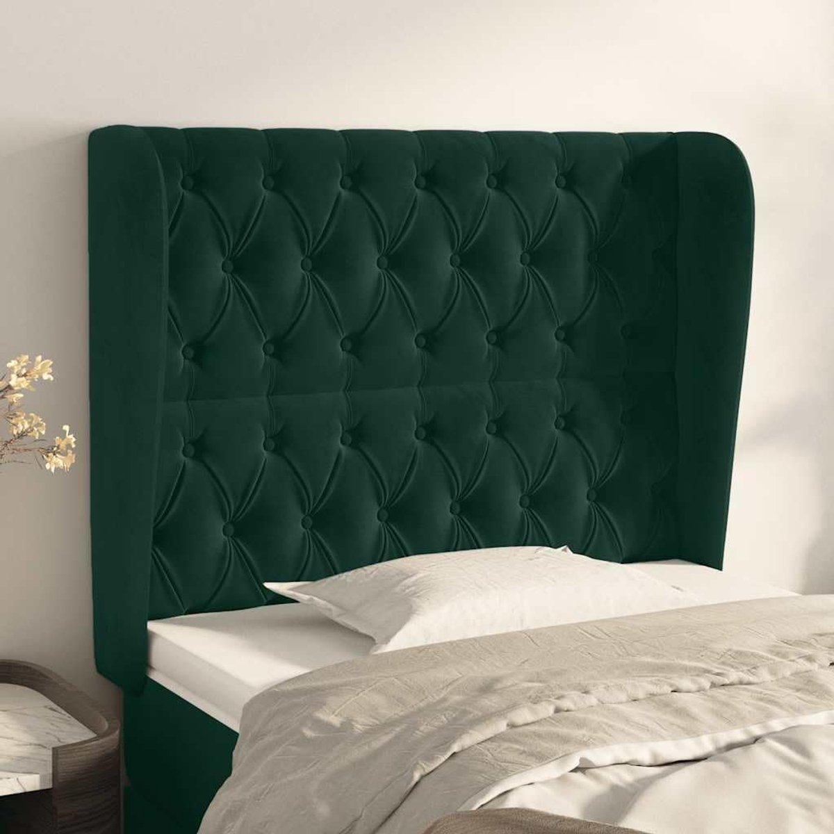 Hoofdeinde met oren in donkergroen, 93 x 23 x 118/128 cm, in hoogte verstelbaar met stabiele houten poten voor uitstekende ondersteuning, luxe stof voor de slaapkamer