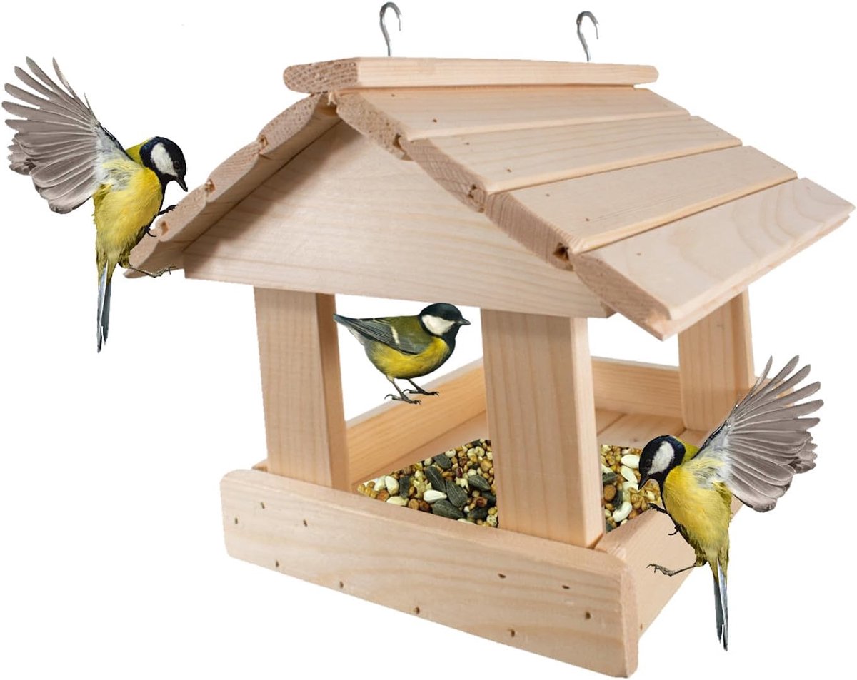 Vogelvoederhuis van hout met 2 ophanghaken, vogelvoederdispenser voor buiten, gemaakt van droog sparrenhout, 30 x 28 x 25 cm