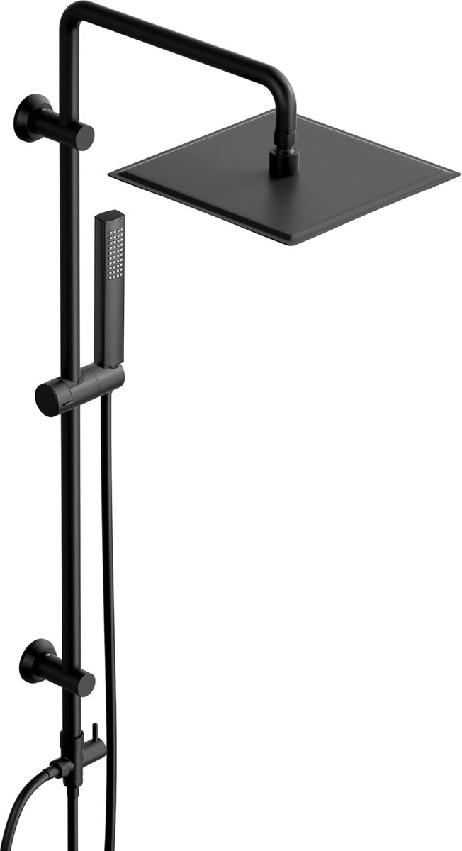 Regendouche, douchesysteem zonder armatuur, roestvrijstalen doucheset met 92 cm douchestang, vierkant, XL, hoofddouche, 25 x 25 cm, zwart