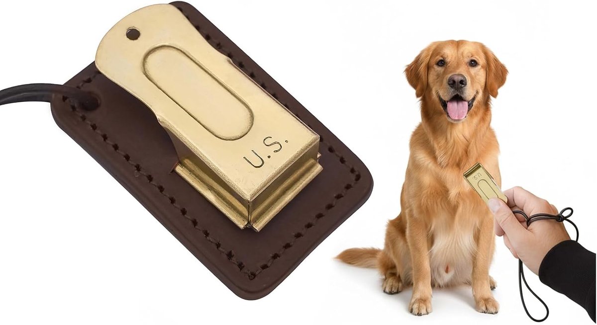 Brass and Steel Pet Training Clicker Puppy Dog Training Clicker with Leather Scabbard& Cord, Dog Training Clicker Cricket Clicker U.S. Engraved WII Military Gear Metal Clicker