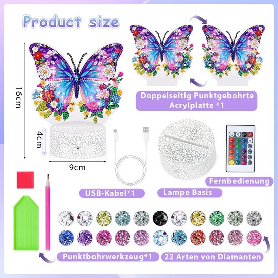 Diamond Painting Lamp voor kinderen, nachtlampje, vlinder, creatief, meisjes, doe-het-zelf, handwerk, idee, cadeau, meisjes, verjaardag, decoratie, slaapkamer, voor 5, 6, 7, 8, 9 jaar — afbeelding 2