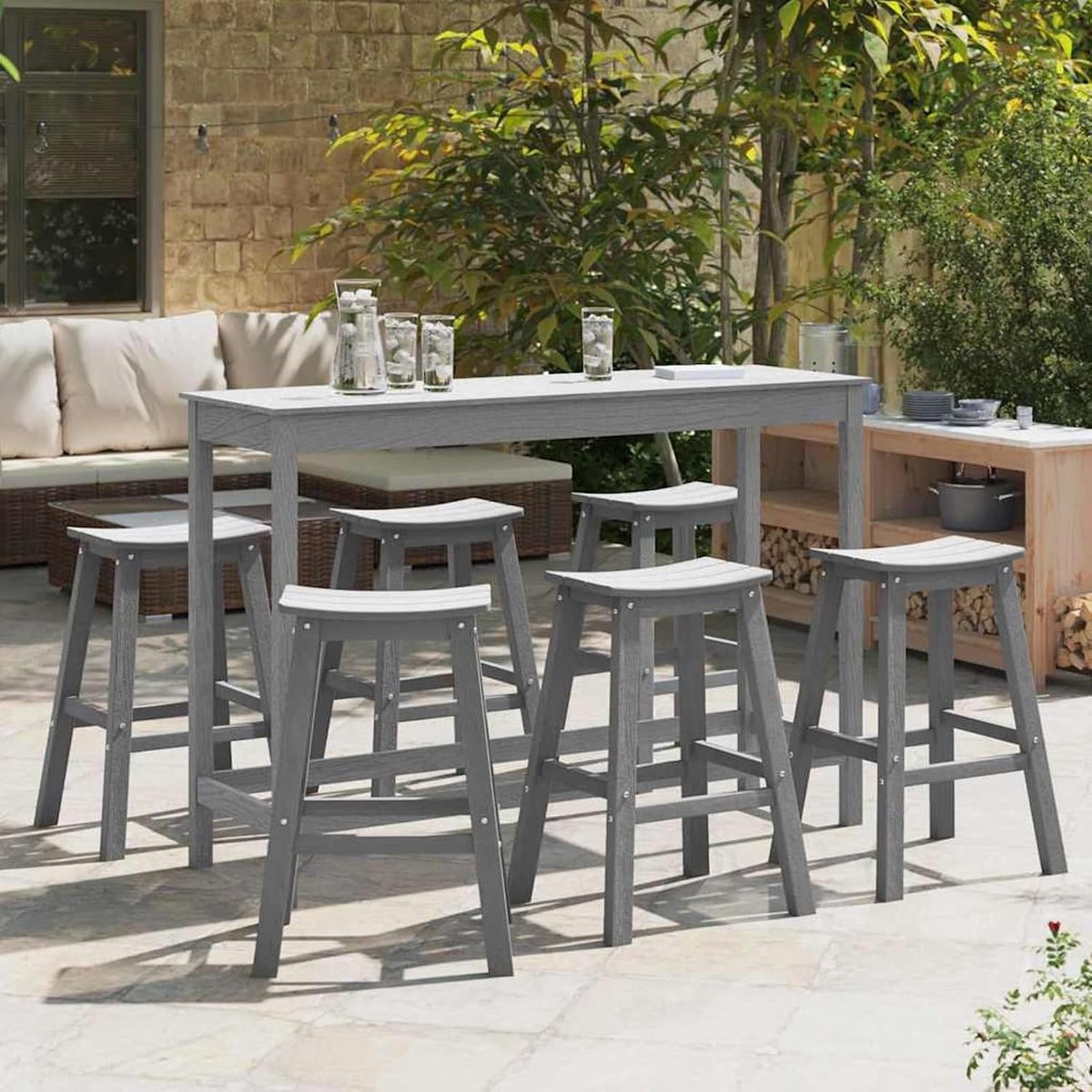 Tuinbarset, 6 stuks, lichtgrijs HDPE, bartafelset, eettafel voor kleine keuken, eetkamer, woning, balkon, café