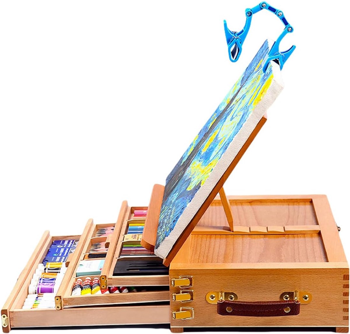 Bureautafel schildersezel, premium beukenhout tafelblad schildersezel - handgeschilderd 8 open K canvas plank kinderen volwassen schilderen handgeschilderd schilderij (drielaags