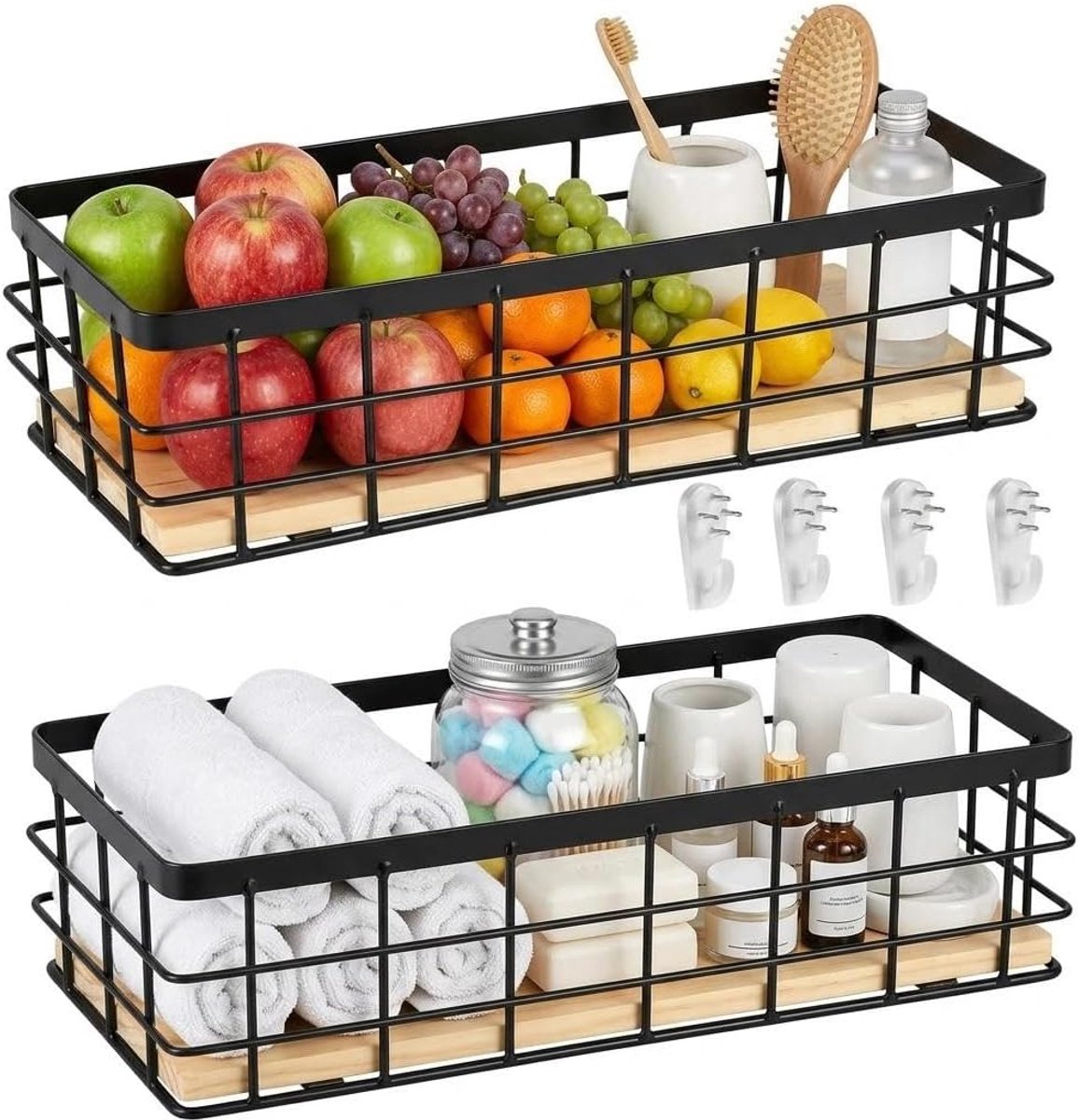 Fruitmand, metalen mand, metalen opbergmand, badkamer, huishouden, wandmand, metaal, voor keuken, eetkamer, fruitsnacks, zwart, 2 stuks, 29 x 13 x 10 cm