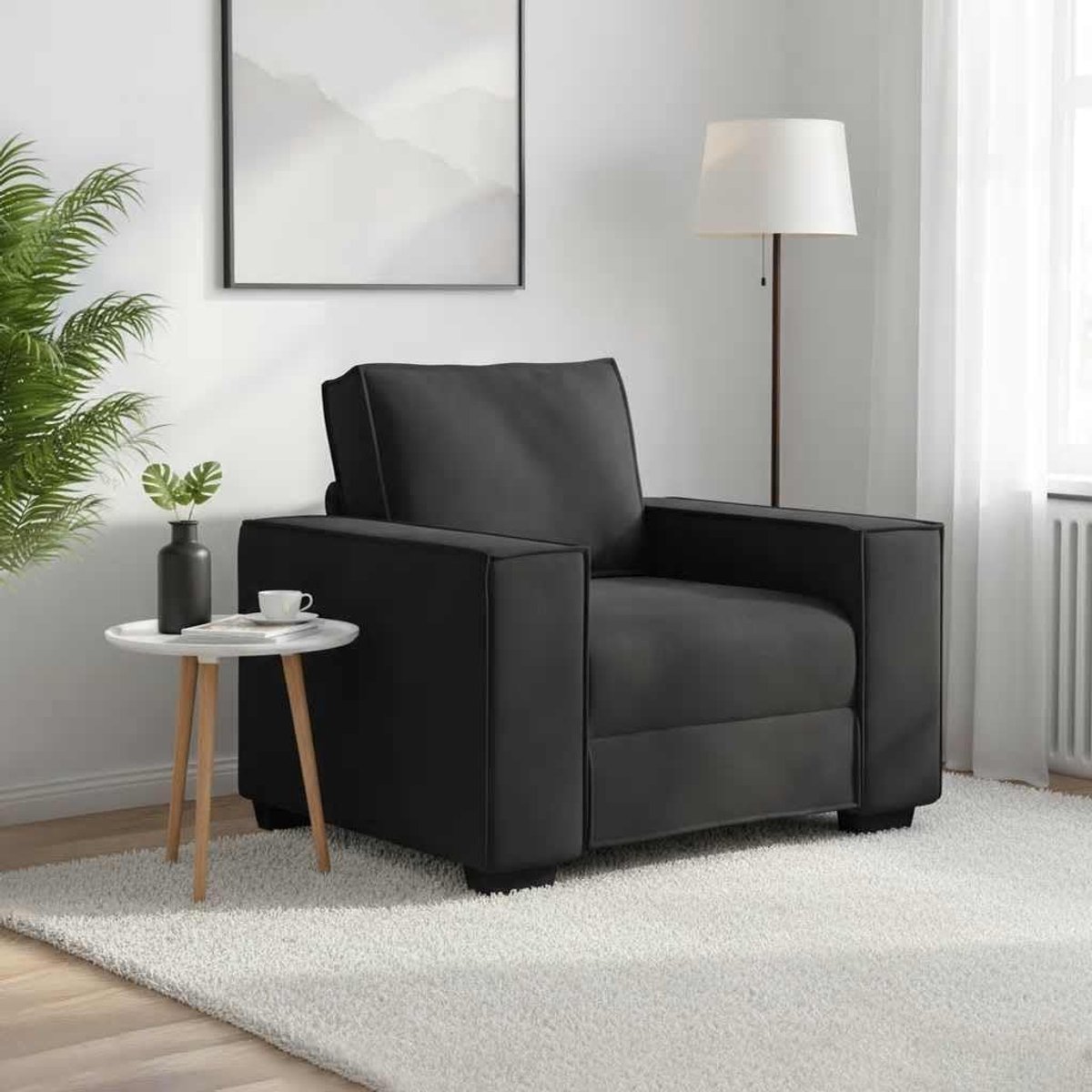 Zwart 60 cm fluwelen sofa met brede armleuningen en gevoerde rugleuning voor woonkamer en kantoor, comfortabel gestoffeerde meubels van zacht velours op robuust hout