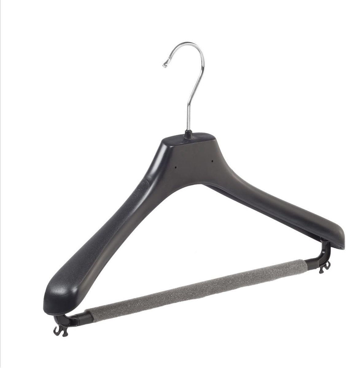 Kleerhanger, Mantelhanger, Kostuumhanger, Jassenhanger, set van 50 Stuks, Kunststof, Zwart, Broeklat met Schuim, Brede schouders, 360° Draaibare Haak, 39 cm (LX39/BS_00/50)