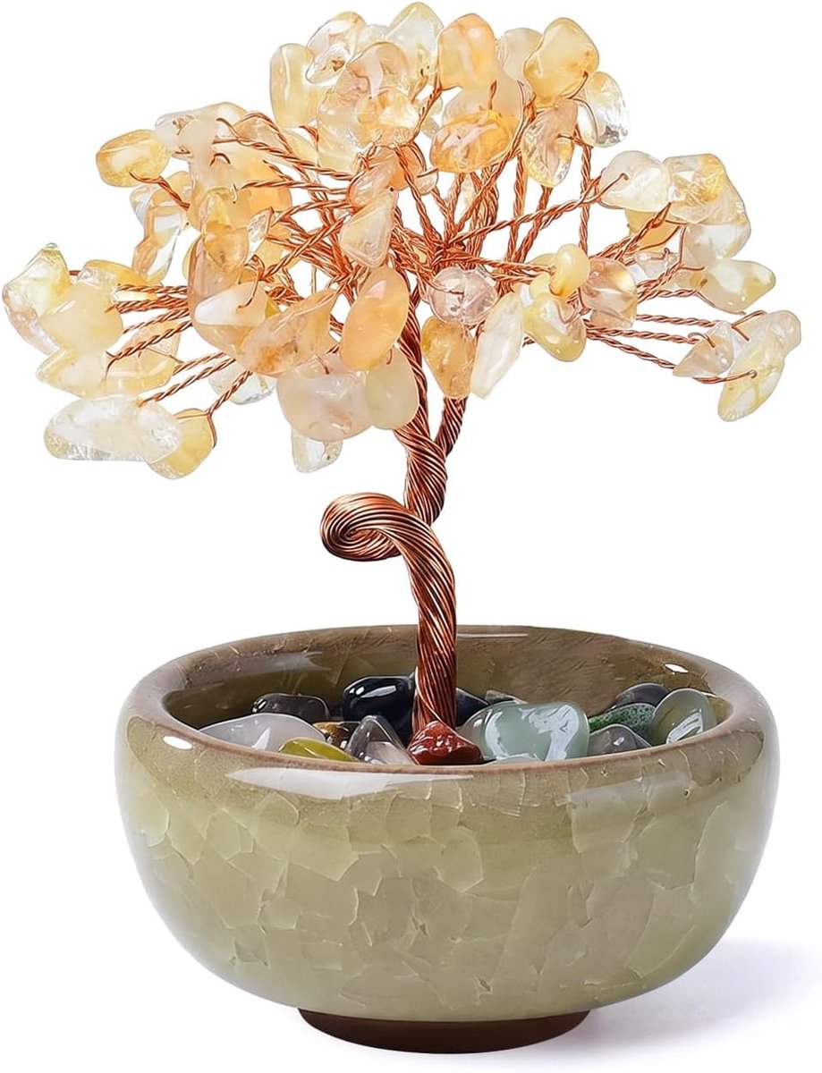 Kristal Levensboom met Keramische Bloempot, Feng Shui Geldbloem Edelsteen Decoratie voor Huis en Kantoor, Desktop Ornament