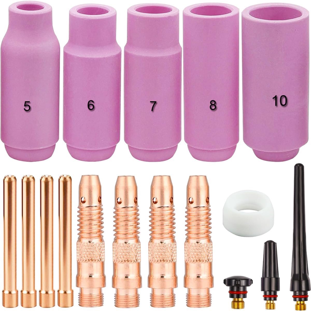 Torch Consumables Accessories Kit for TIG Welding Torch QQ300 PTA DB SR WP 17 18 26, Collet Body, Collet, Alumina Nozzle (#5-#10), Back Cap, Gasket (17Pcs)