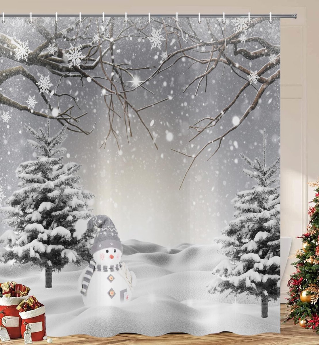 Douchegordijn, 180 x 200 cm, winter, sneeuwscène, kerstboom, schattige sneeuwpop, grijs, wasbaar, baddouchegordijnen, polyester textiel, waterdicht, douchegordijn voor de badkuip met
