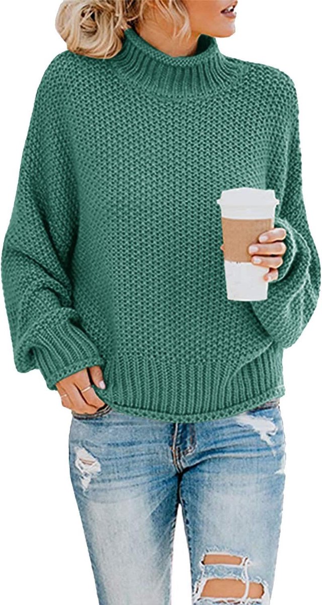 Elegante damestrui met rolkraag, grof gebreide trui, casual, losse lange mouwen, pullover, bovenstuk