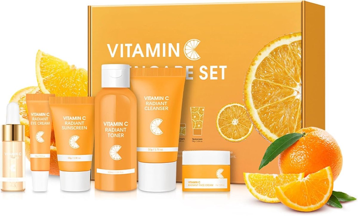 6-delige verzorgende huidverzorgingsset met vitamine C, gezichtsverzorgingsset met reiniger, toner, serum, oogcrème, gezichtscrème, zonnebescherming, unieke cadeauset voor vrouwen en meisjes