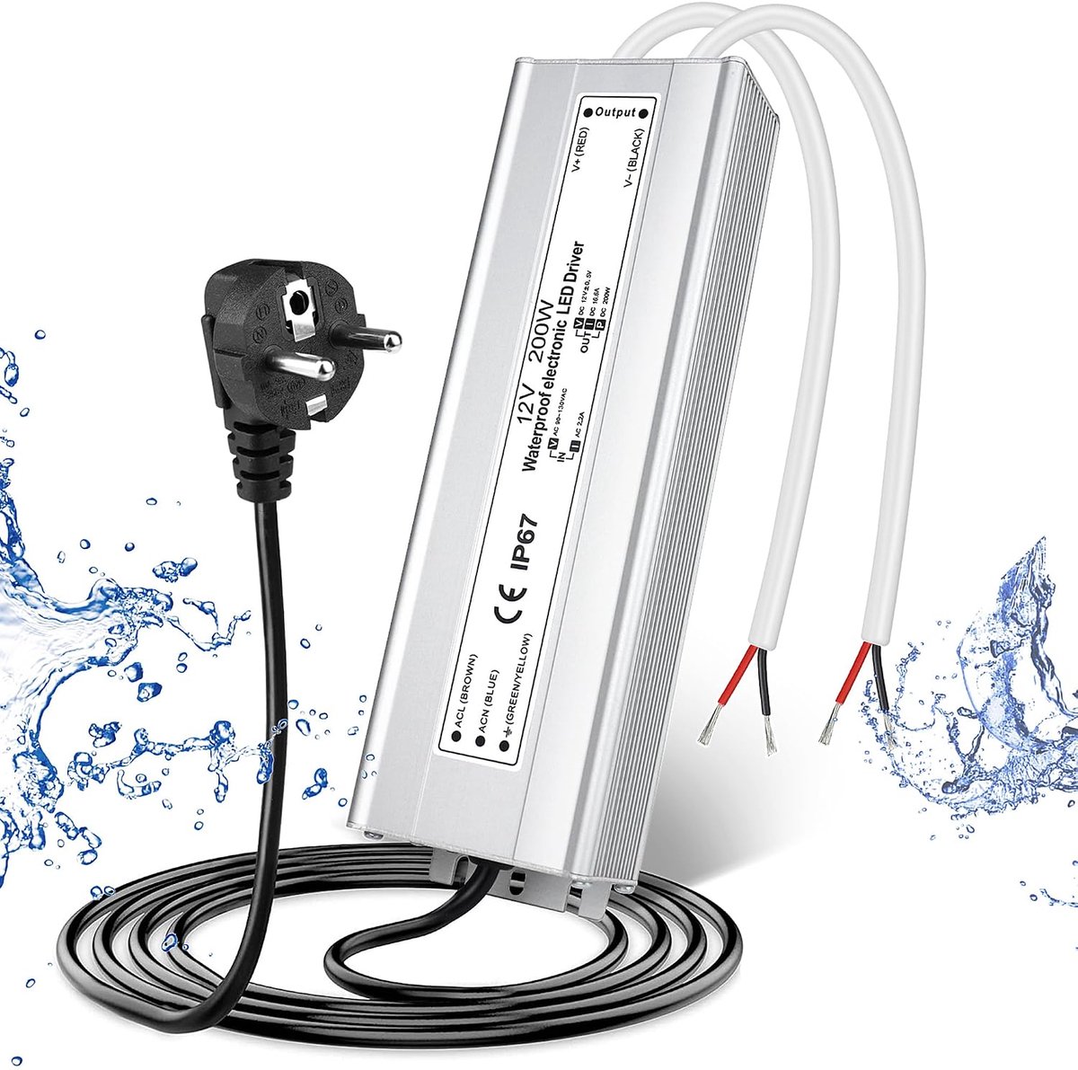 12 V, 200 W, IP67, outdoor waterdichte transformator met stekker, led-voeding, driver 230 V naar DC 12 volt adapter, led-driver voor buiten, voor ledstrips, lampen, spots,