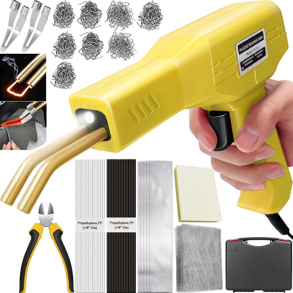 220W Plastic Lasmachine 2 in 1 Bumperreparatie Set Plastic Lassen met 800PCS Hete Stapler, 2 Thermisch Smottend Hoofd, 40PCS Plastic Lasstaven, Plastic Reparatie Kit Auto (Geel)