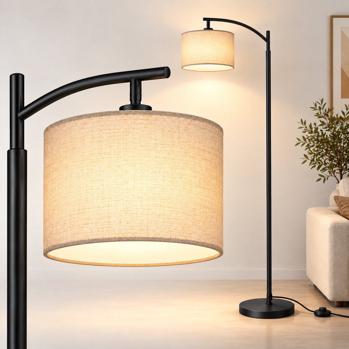 LOVHAUS Moderne Boog Vloerlamp - Beige Linnen Lampenkap - E27 - Incl. 3000K LED Lamp - Zwart