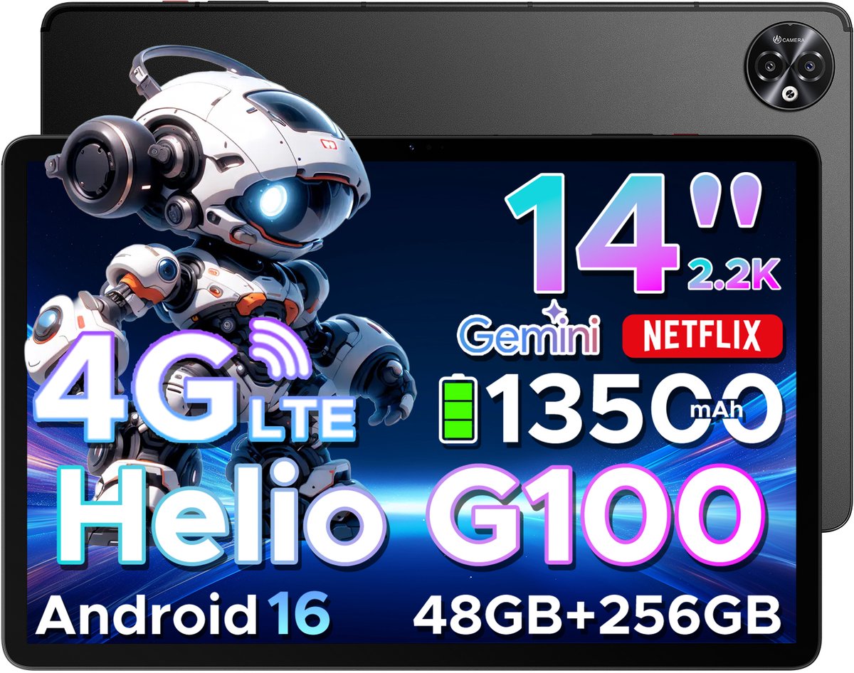 DOOGEE Tab E3 Max - Tablet - 48GB ROM+256GB ROM（2TB TF）- Android 16 - 14 inth IPS - 4G LTE - Gemini AI - Helio G100 - 13500mAh/18W - Quad Speakers - Face ID - 5G Wi-Fi - A GPS - GPS - Zwart