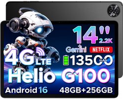 DOOGEE Tab E3 Max - Tablet - 48GB ROM+256GB ROM（2TB TF）- Android 16 - 14 inth IPS - 4G LTE - Gemini AI - Helio G100 - 13500mAh/18W - Quad Speakers - Face ID - 5G Wi-Fi - A GPS - GPS - Zwart