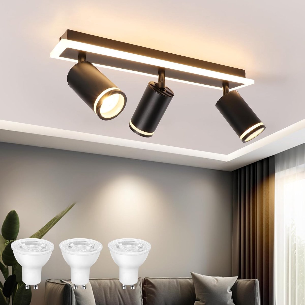 zwarte plafondlamp met 3 decoratieve punten, plafondlamp met onderste verlichting 10 W + 3 x 5 W GU10 punten, warm wit 3000 K, LED-plafondlamp voor