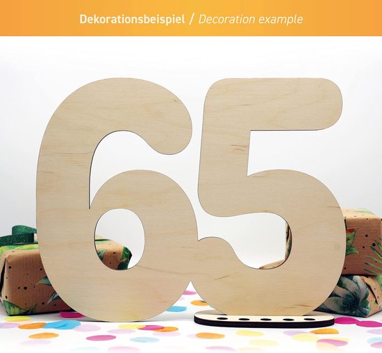 Gastenboek hout decoratief bord getal 65 - om zelf te beschrijven als cadeau met standaard en verjaardagskaarsenhouder - voor decoratie van 65e verjaardag, 65 jaar, jubileum of bruiloft — afbeelding 2