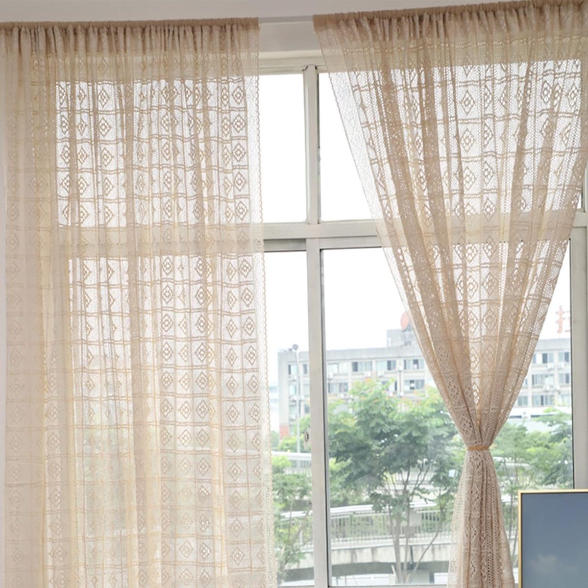 Vintage gehaakte gordijnen boho kanten gordijnen beige geometrie gebreide staaf zak katoen raampanelen, doorschijnende gordijnen voor woonkamer slaapkamer deuropening keuken café 1 paneel B