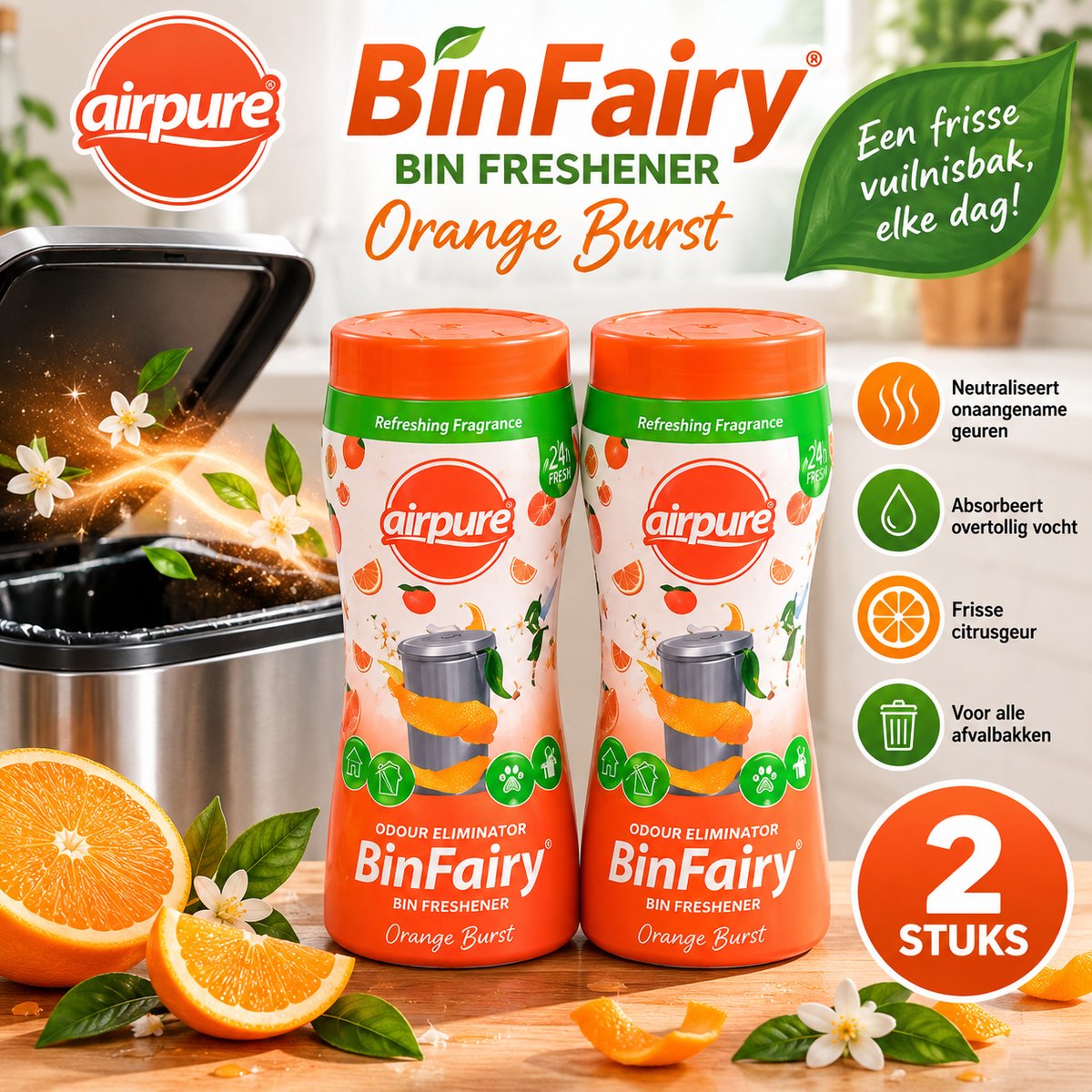 Airpure Bin Fairy Bin Freshener 2 Stuks 500g Orange Burst – Vuilnisbak Geurverwijderaar met Citrusgeur
