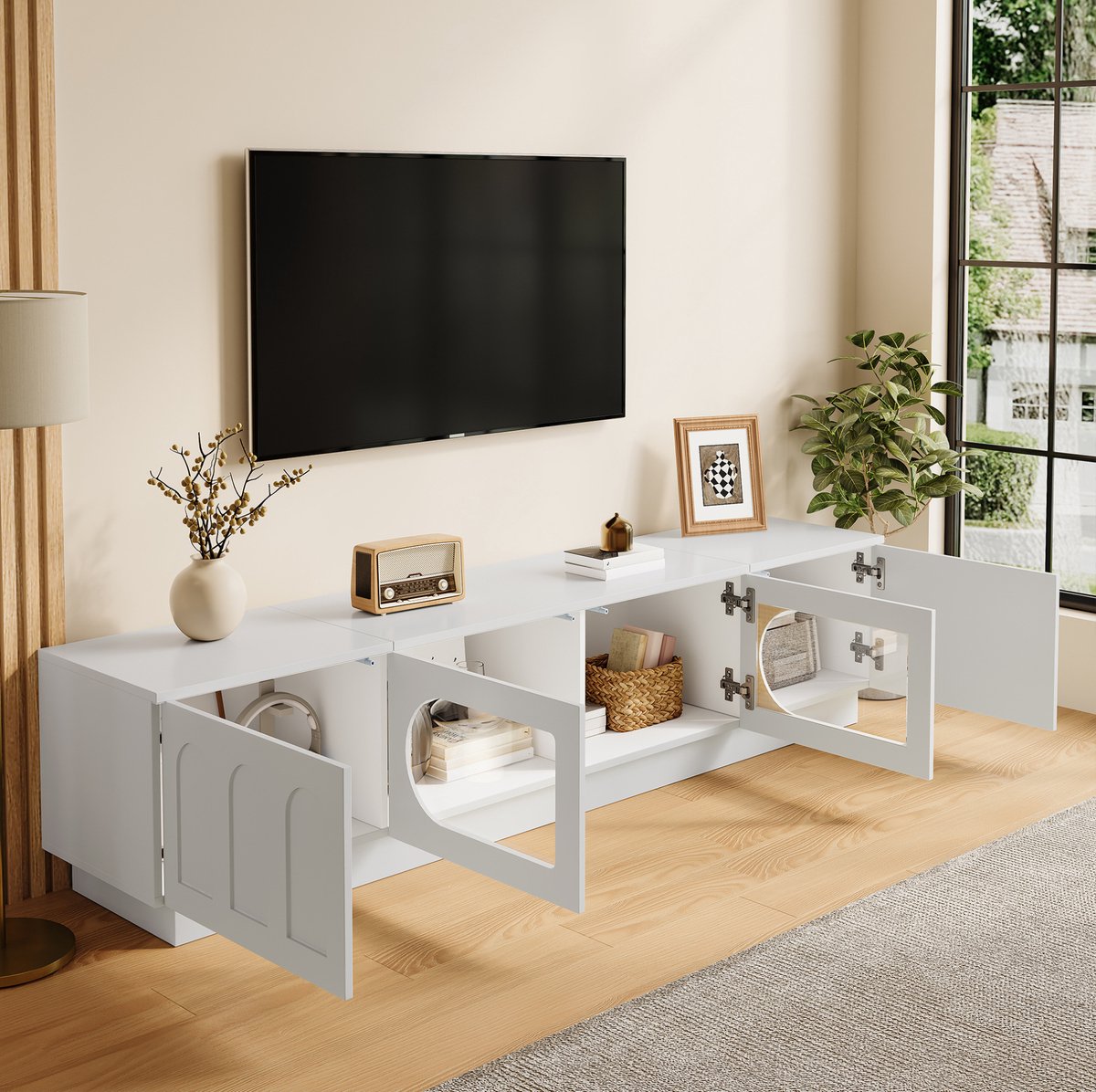 FloraGrace TV-Meubel - Ledverlichting Met Appbediening En Glazen Deuren - Woonkamer - MDF En Spaanplaat - 200x40x42 Cm - Wit