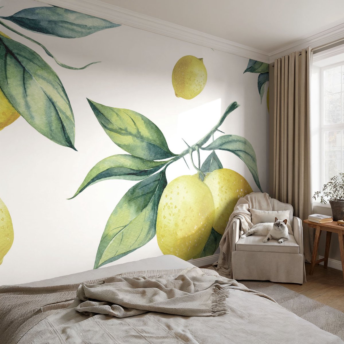 Coloray Vliesbehang - Geel Snellijm Behang - 104x70 cm - Citroenmotief Fotobehang Vlies - Hal behang Bloemen En Planten - Muurschildering - Woonkamer behang