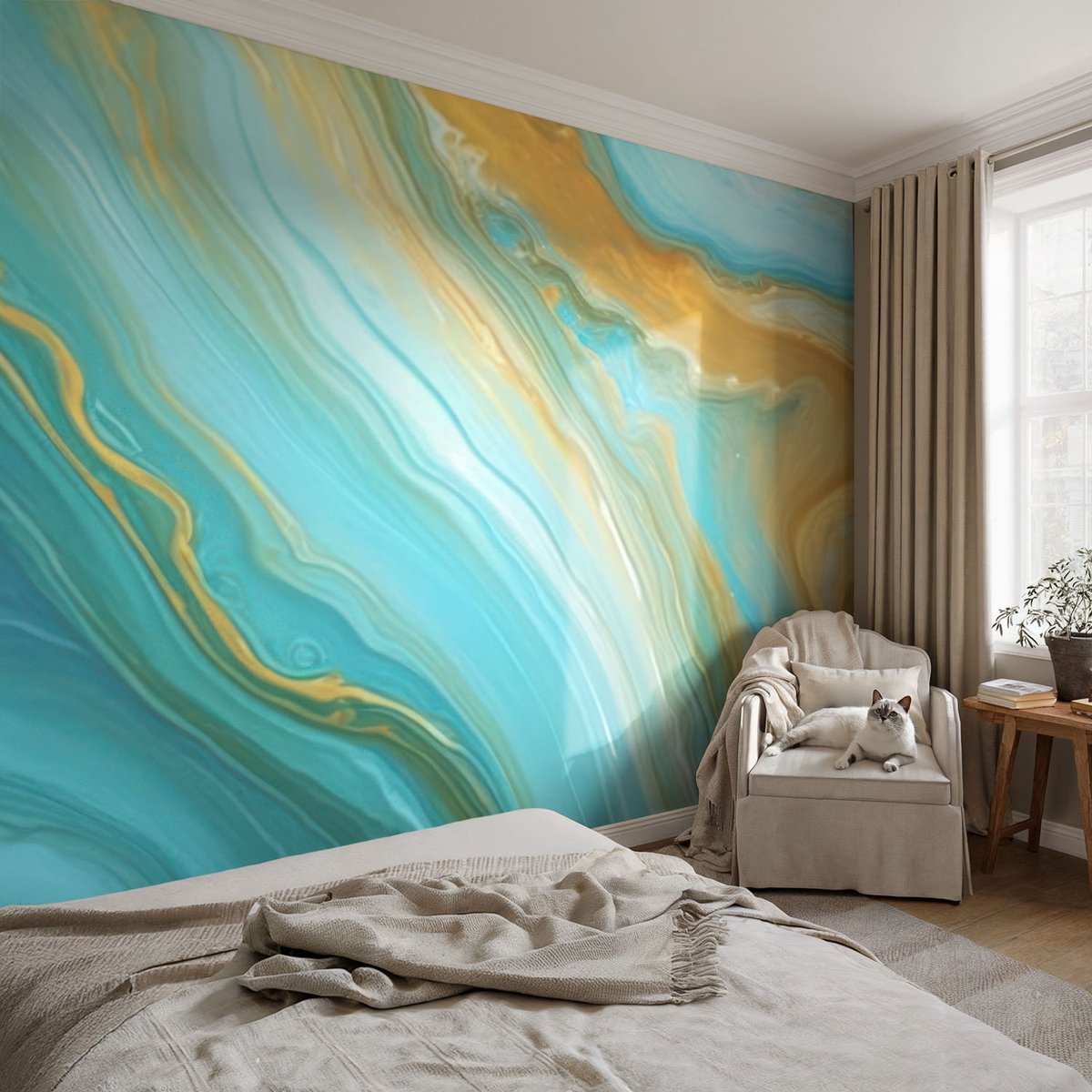 Coloray Vliesbehang - Blauw Snellijm Behang - 104x70 cm - Abstracte Golven Fotobehang Vlies - Woonkamer behang Abstractie - Muurschildering - Woonkamer behang